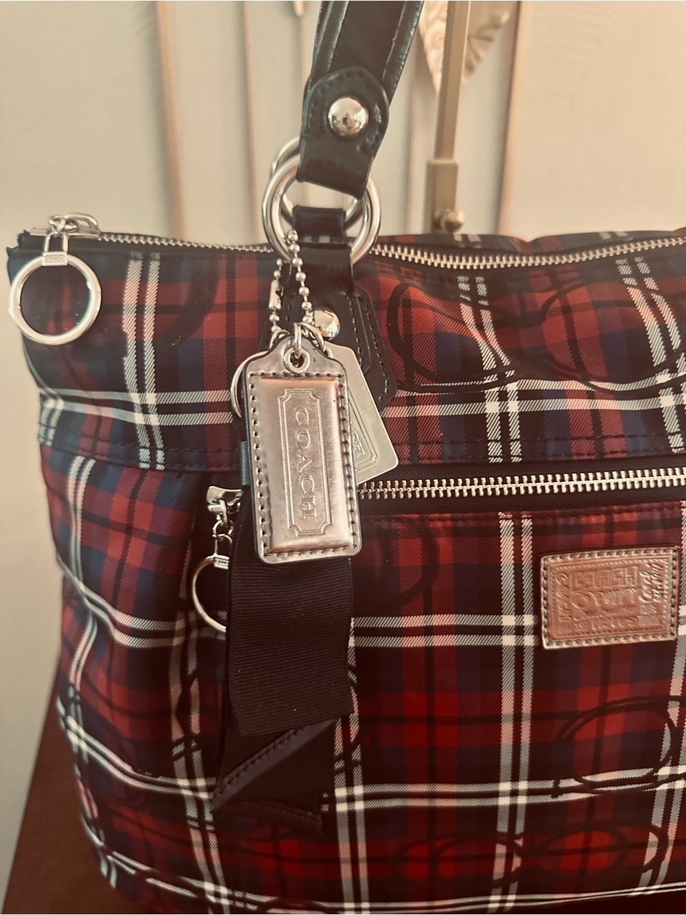 Coach Poppy Y2K 18713 Signature Sateen Tartan Glam Tote Red, Black White - Picture 11 of 16